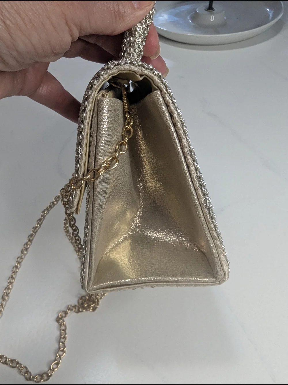 Jessica McClintock Remi Rhinestone Handle Bag Silver W/ Gold Tone Evening Clutch